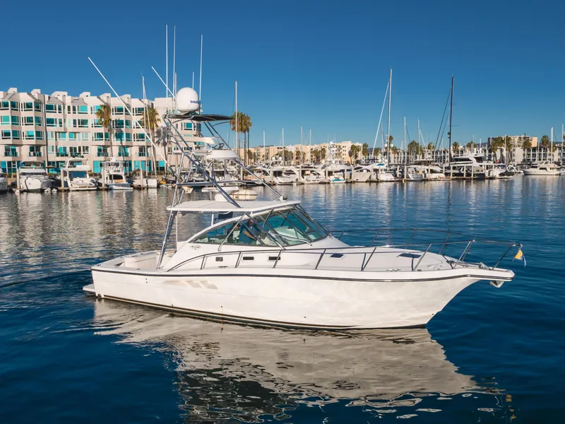 Slide: The Image of 2006 Rampage 38 Express yacht docked in a marina with clear blue skies. - 5