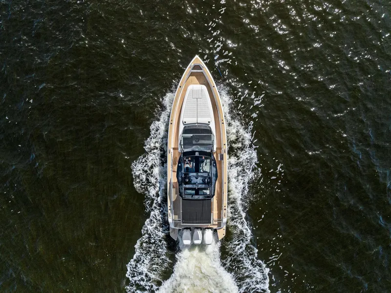 Slide: The Image of Aerial view of 2021 Pardo Yachts 38 cruising on open water. - 17