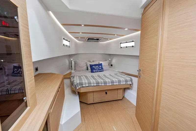 Slide: The Image of Luxurious cabin interior of 2021 Pardo Yachts 38 with modern design and cozy bedding. - 23