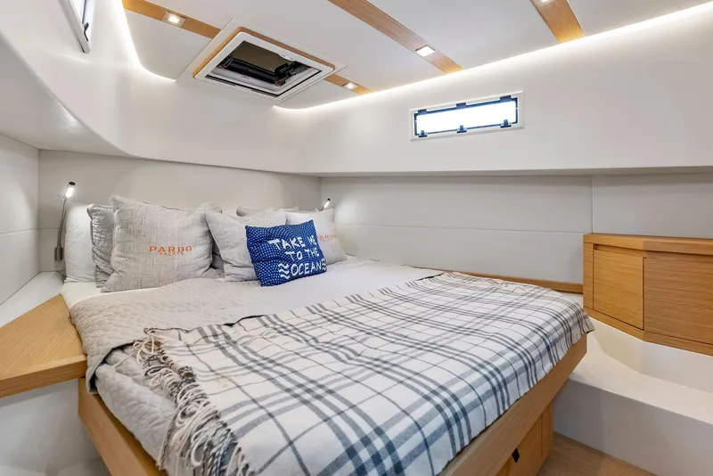 Slide: The Image of Luxurious cabin interior of 2021 Pardo Yachts 38 with cozy bedding and modern design. - 25