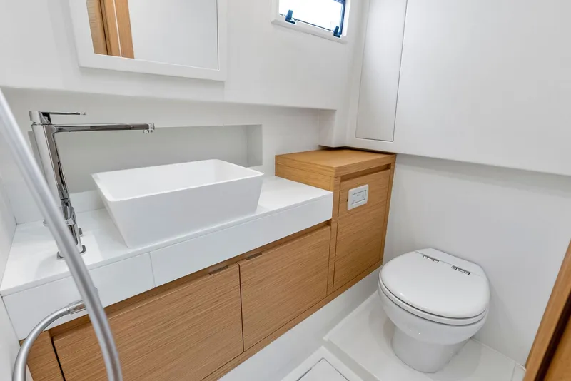 Slide: The Image of Modern bathroom in 2021 Pardo Yachts 38, featuring sleek sink and toilet design. - 27