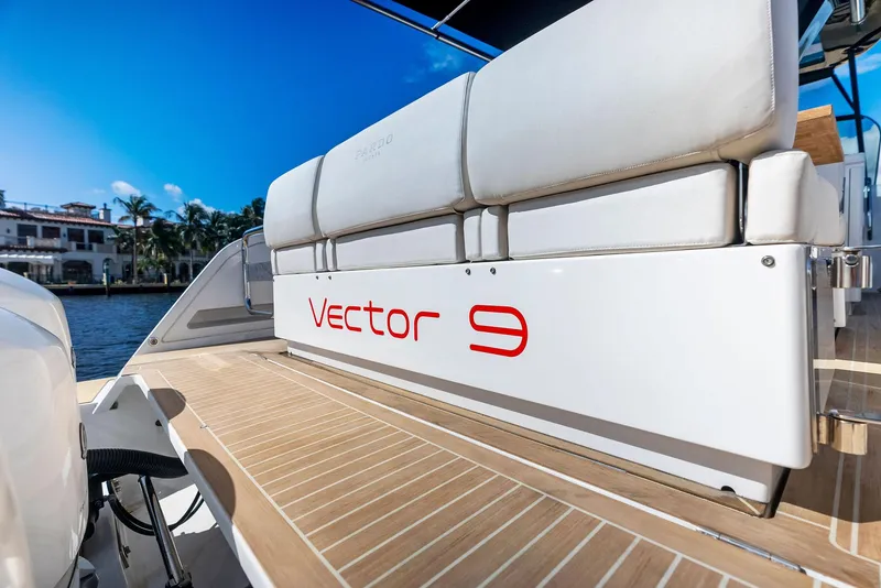 Slide: The Image of Pardo Yachts 38, 2021 model, featuring Vector 9 branding on deck. - 41