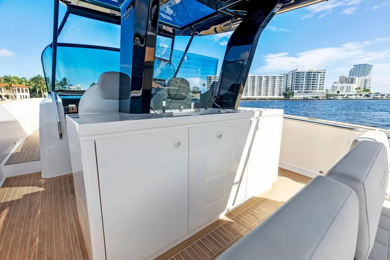 Slide: The Image of 2021 Pardo Yachts 38 interior with sleek design and waterfront view. - 44