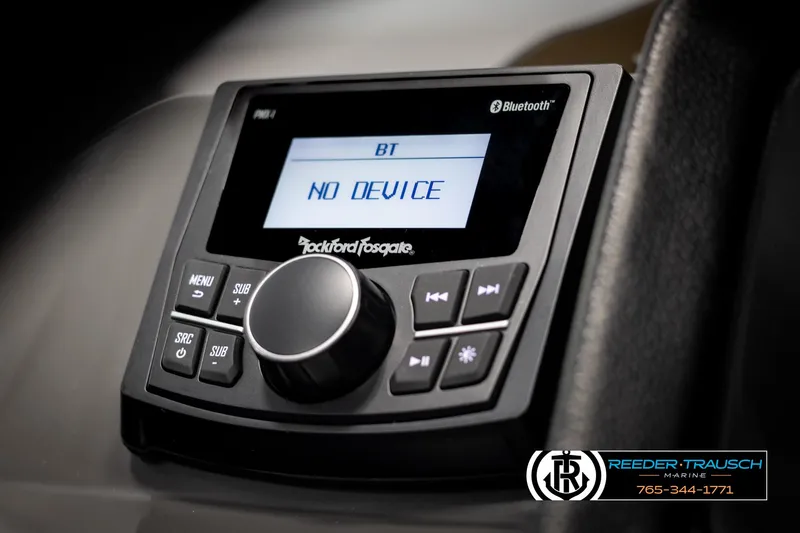 Slide: The Image of Close-up of a Rockford Fosgate Bluetooth audio system in a 2025 Bennington 23 SSRSE boat. - 29