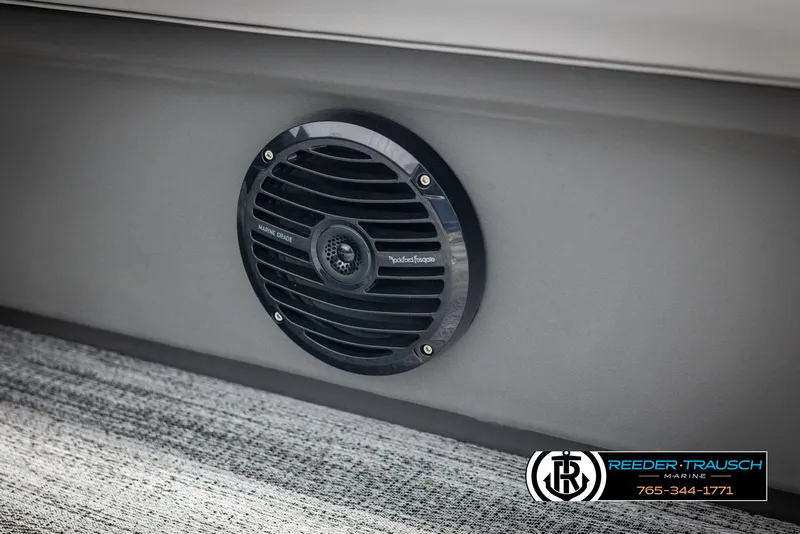 Slide: The Image of Marine-grade speaker on 2025 Bennington 23 SSRSE boat, featuring Reeder-Trausch Marine branding. - 38
