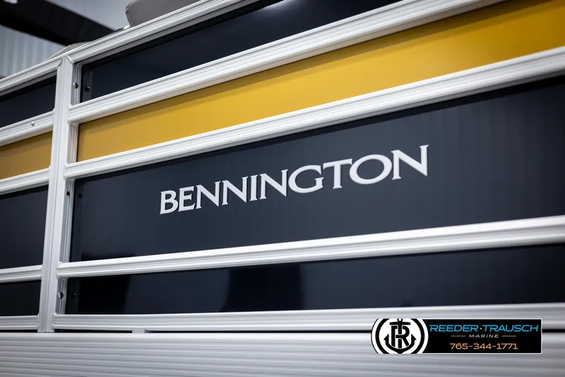 Slide: The Image of 2025 Bennington 23 SSRSE boat with sleek design and branding. - 43