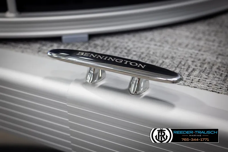 Slide: The Image of Close-up of a 2025 Bennington 23 SSRSE boat cleat with logo. - 45