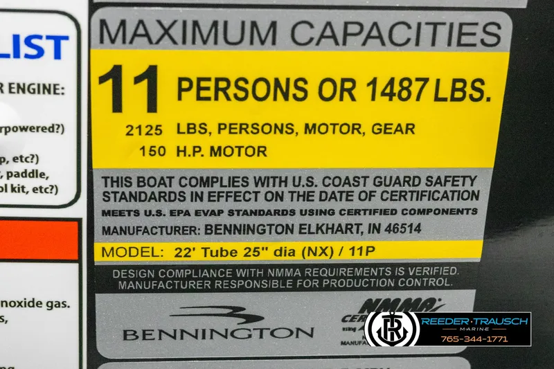 Slide: The Image of Maximum capacity label for Bennington 23 SSRSE, 2025 model, 11 persons or 1487 lbs. - 46