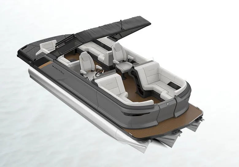The Image of 2025 Manitou Explore pontoon boat with sleek design and spacious seating. - 1