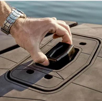 Slide: The Image of Hand operating latch on 2025 Manitou 22 Explore MAX Deck Navigator boat. - 5