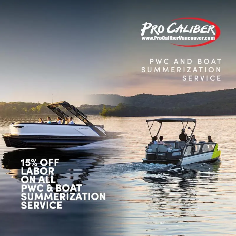 Slide: The Image of 2025 Manitou 20 CRUISE MAX boat on lake, promoting Pro Caliber's summerization service discount. - 8