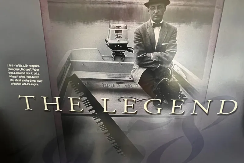 Slide: The Image of Vintage 1968 Boston Whaler 13 Sport boat with a man in a suit, titled "The Legend." - 17