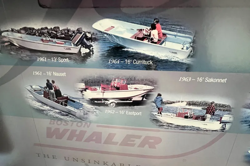 Slide: The Image of Collage of vintage Boston Whaler boats, featuring the 1968 13 Sport model. - 18