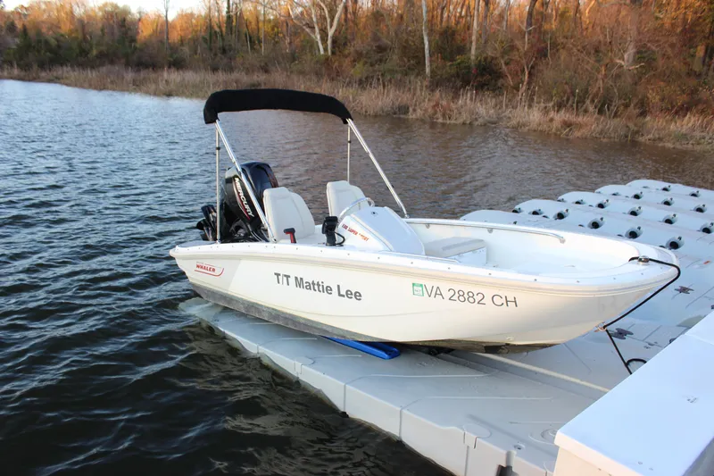 Slide: The Image of 2021 Boston Whaler 130 Super Sport boat docked on a serene lake. - 18