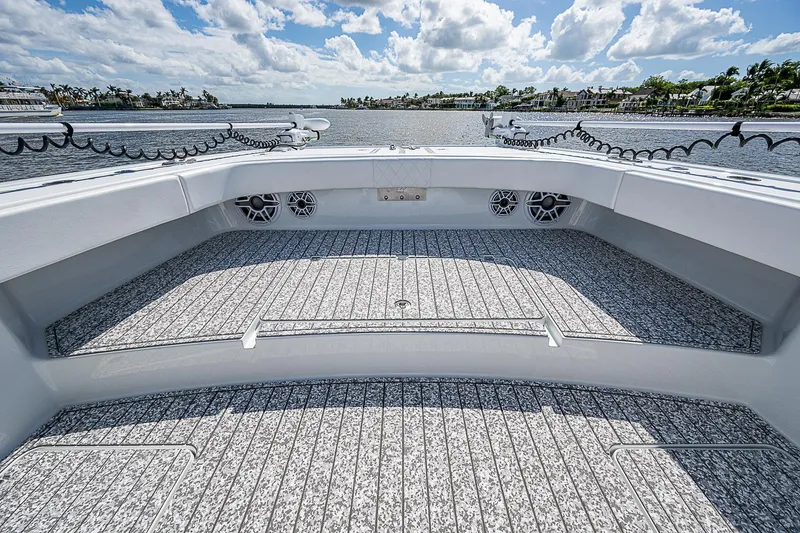 Slide: The Image of Spacious deck of 2023 Freeman 47T boat with scenic water view. - 19