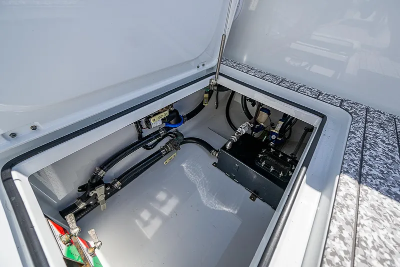 Slide: The Image of Freeman 47T 2023 boat compartment with hydraulic system and wiring. - 39