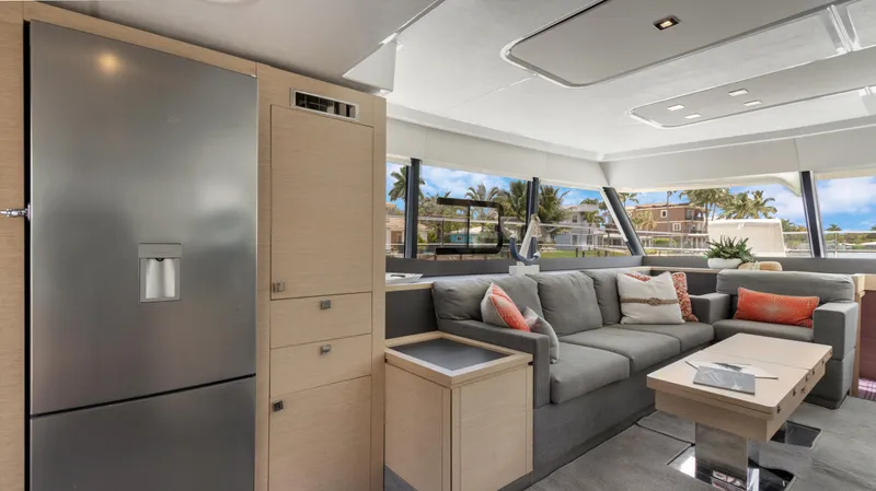 Slide: The Image of Luxurious interior of 2018 Fountaine Pajot MY 44 yacht with modern furnishings. - 12