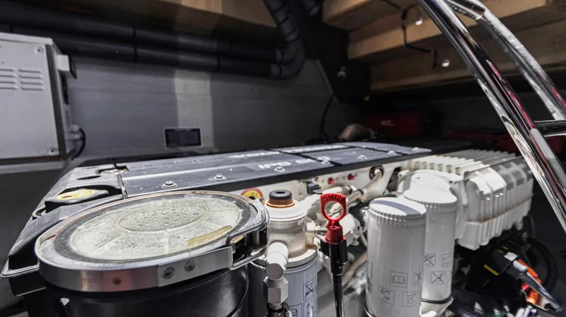 Slide: The Image of Engine room of 2018 Fountaine Pajot MY 44 yacht, showcasing mechanical components. - 50