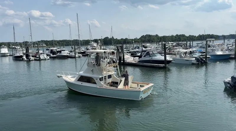 Slide: The Image of 1961 Bertram 31 Flybridge Cruiser in a marina with other boats. - 0