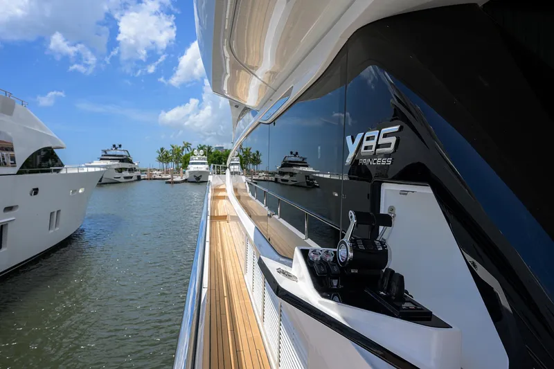 Slide: The Image of 2025 Princess Y85 Motor Yacht docked in a sunny marina. - 20