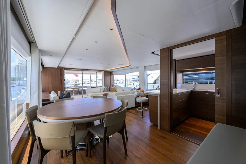 Slide: The Image of Luxurious interior of 2025 Princess Y85 Motor Yacht with modern furnishings and panoramic windows. - 35
