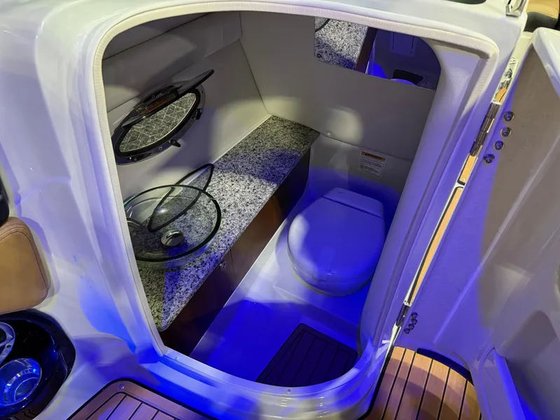 Slide: The Image of 2025 Crownline 280 SS boat interior with compact bathroom and modern amenities. - 6