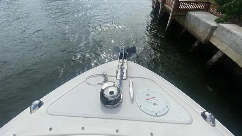 Slide: The Image of 2015 Sea Ray 250 SLX boat bow with anchor, docked by water. - 26