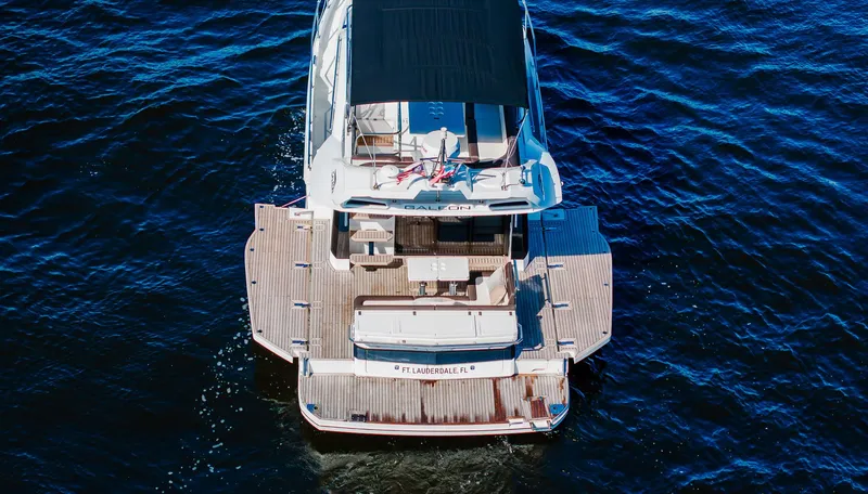 Slide: The Image of Aerial view of 2022 Galeon 400 Fly yacht on blue water. - 10