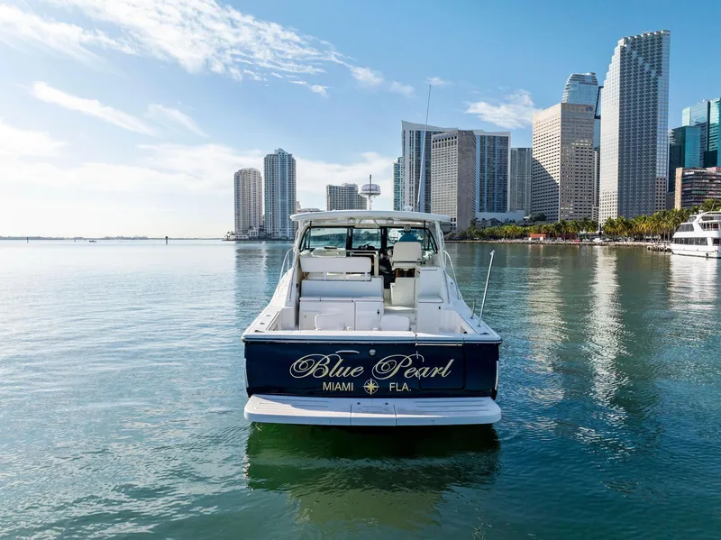 Slide: The Image of 2004 Tiara Yachts 4200 Open, "Blue Pearl," in Miami waters with city skyline. - 8