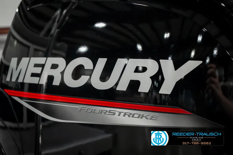 Slide: The Image of Mercury FourStroke engine on 2023 Bennington 20 SVL boat, Reeder-Trausch Marine logo visible. - 42
