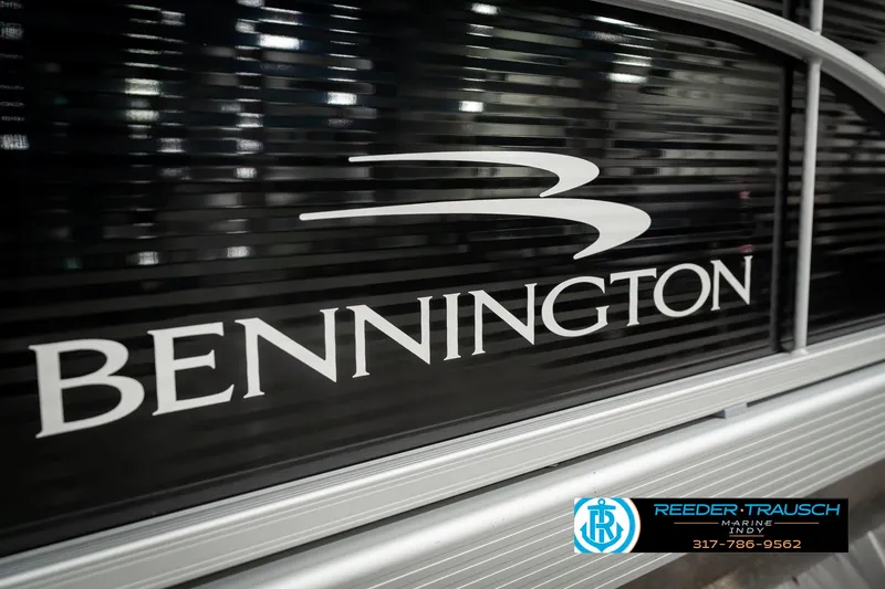 Slide: The Image of 2023 Bennington 20 SVL boat logo with Reeder-Trausch Marine contact details. - 46