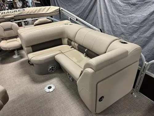 Slide: The Image of 2023 Sun Tracker SportFish 22 XP3 boat interior with beige seating. - 10
