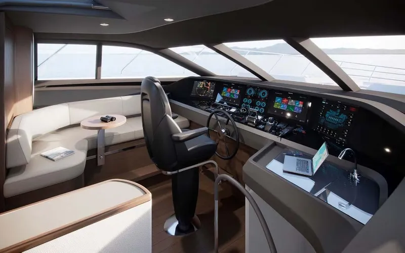 Slide: The Image of Luxurious 2025 Princess Y95 Motor Yacht helm with advanced navigation systems and elegant seating. - 11