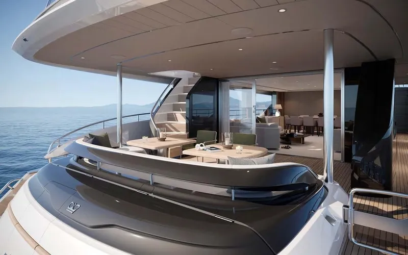 Slide: The Image of Luxurious 2025 Princess Y95 Motor Yacht with elegant outdoor seating and ocean view. - 7