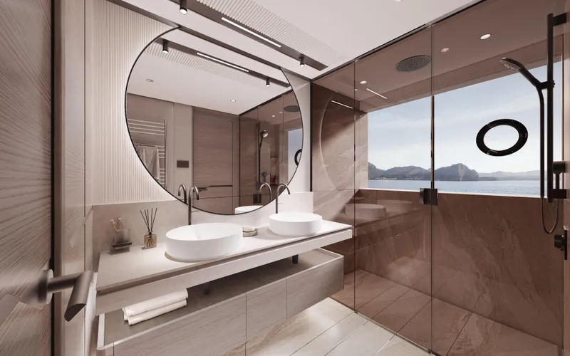 Slide: The Image of Luxurious bathroom in 2025 Princess X90 yacht with dual sinks and ocean view. - 2