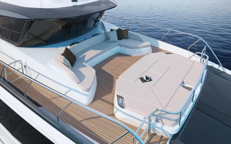 Slide: The Image of Luxury deck of 2025 Princess X90 yacht with elegant seating and ocean view. - 7
