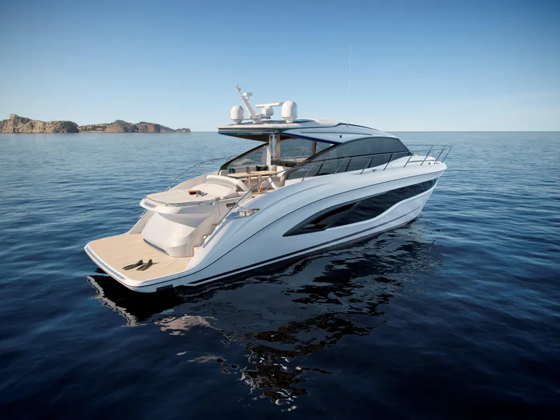 Slide: The Image of 2025 Princess V55 Express yacht on calm ocean waters, sleek design, luxury vessel. - 5