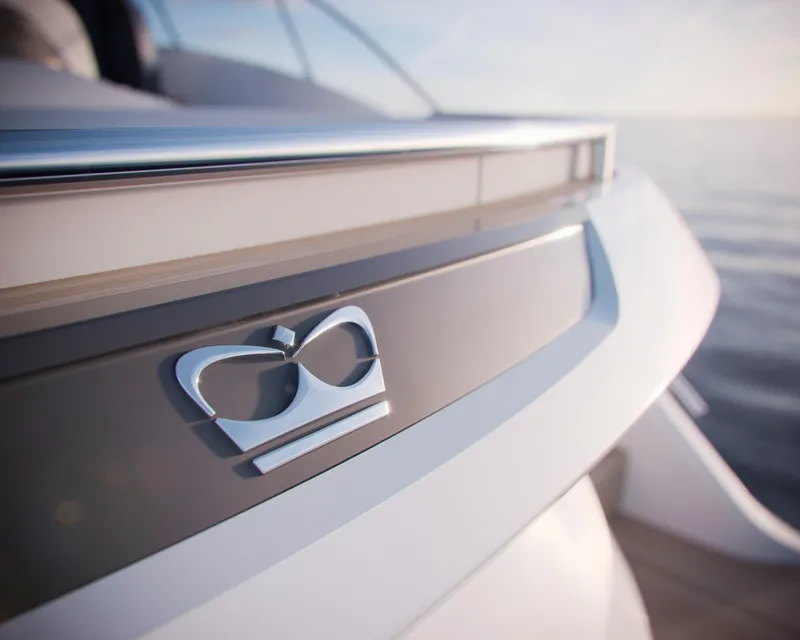 Slide: The Image of 2025 Princess V55 Express yacht detail with logo, sleek design, and ocean backdrop. - 8