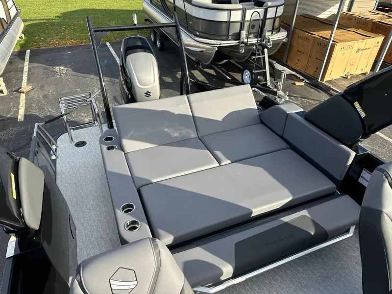 Slide: The Image of 2025 South Bay 525 ULDC pontoon boat with spacious seating and modern design. - 12