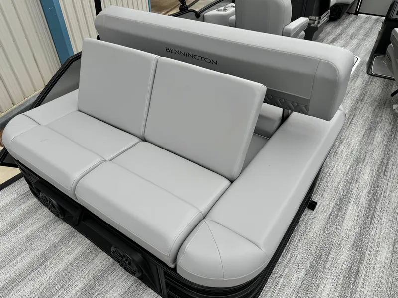 Slide: The Image of 2025 Bennington 22MSB boat seating with gray upholstery. - 9