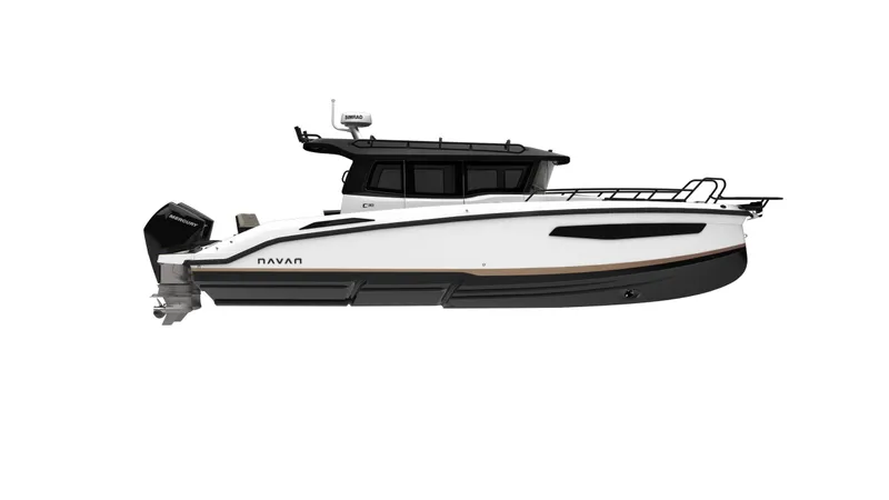 Slide: The Image of Navan C30 2025 boat, sleek white design with black accents, side view. - 22