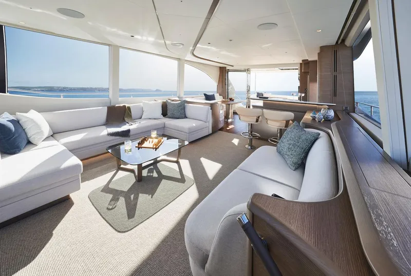 Slide: The Image of Luxurious interior of 2025 Princess Y72 Motor Yacht with elegant seating and ocean views. - 26