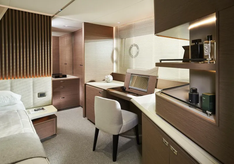 Slide: The Image of Luxurious interior of 2025 Princess Y72 Motor Yacht cabin with elegant furnishings. - 34