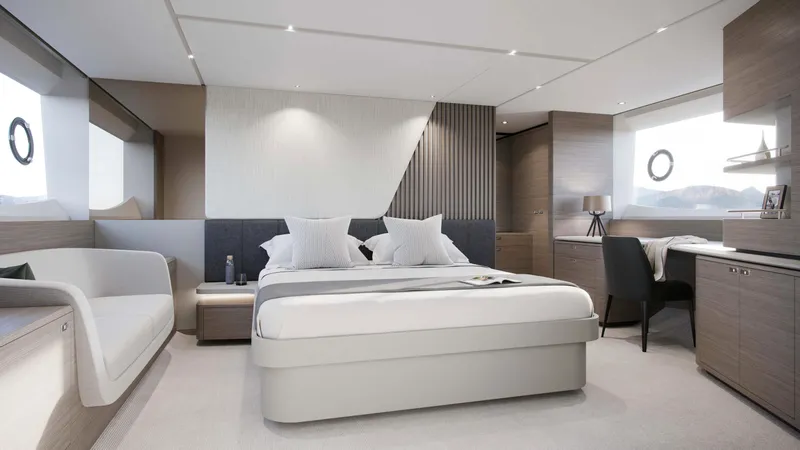 Slide: The Image of 2025 Princess Y72 Motor Yacht on serene water with scenic background. - 5