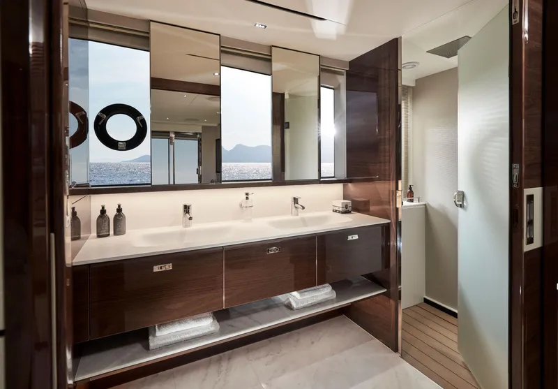 Slide: The Image of Luxurious bathroom on 2025 Princess X80 yacht with ocean view and modern fixtures. - 15