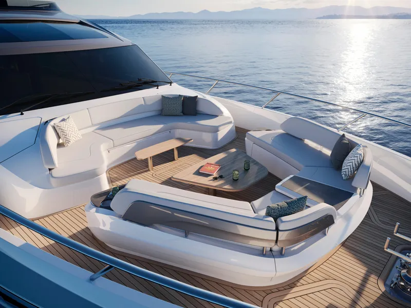 Slide: The Image of Luxurious 2025 Princess S80 yacht deck with elegant seating and ocean view. - 10