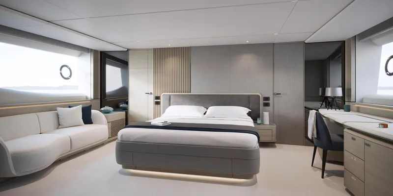 Slide: The Image of Luxurious 2025 Princess S80 yacht bedroom with modern design and elegant furnishings. - 13