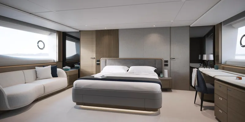 Slide: The Image of Luxurious 2025 Princess S80 yacht bedroom with modern design and elegant furnishings. - 14