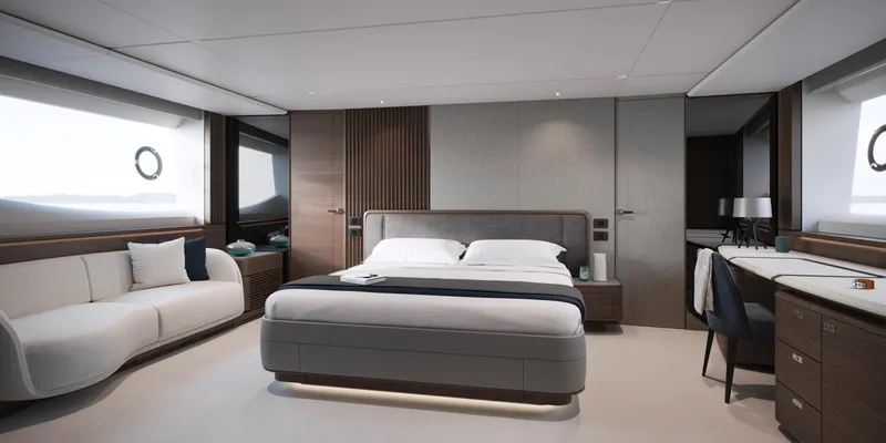Slide: The Image of Luxurious 2025 Princess S80 yacht bedroom with modern design and elegant furnishings. - 16