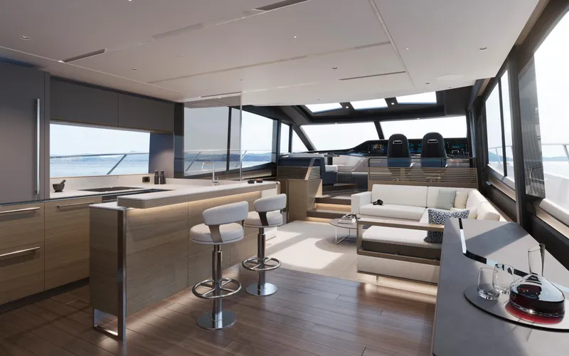 Slide: The Image of Luxurious interior of 2025 Princess S80 yacht with modern kitchen and seating area. - 18